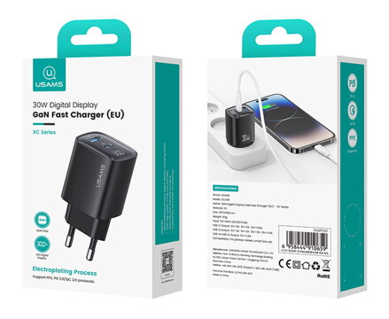 USAMS  CC229  hálózati töltő GaN LED 30W PD 3.0/ QC 3.0       USB-A/USB-C port fekete